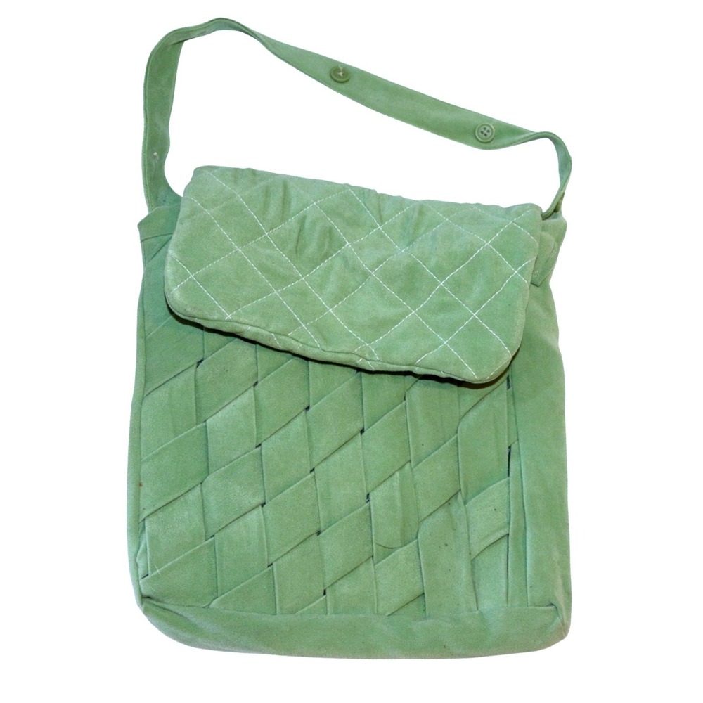 Handmade Crossbody Bag Womens Medium Green Woven Quilted Boho Fabric Strap Retro